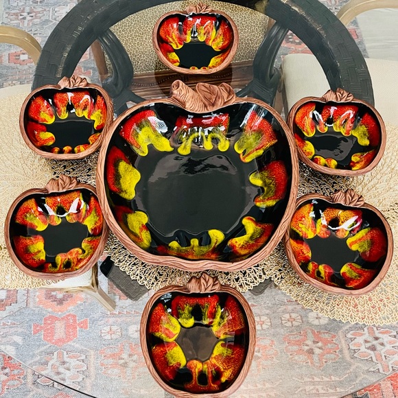 Gorgeous Vintage MCM Apple Design California Pottery Sequoia Ware Salad Set-7 - Picture 3 of 8